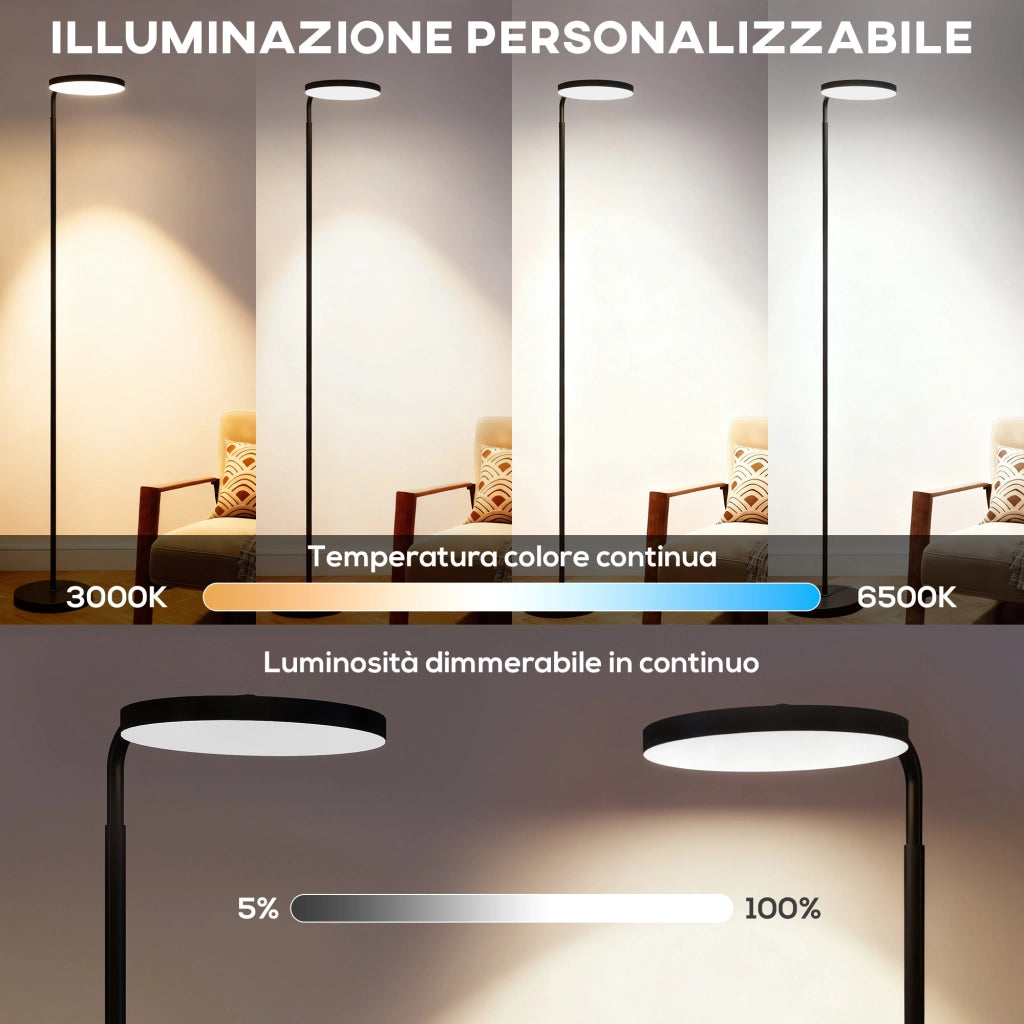 Lampada da Terra LED con Testa Girevole a 350¡ã e Telecomando Magnetico. Regolazione Continua 3000K-6500K. Nero