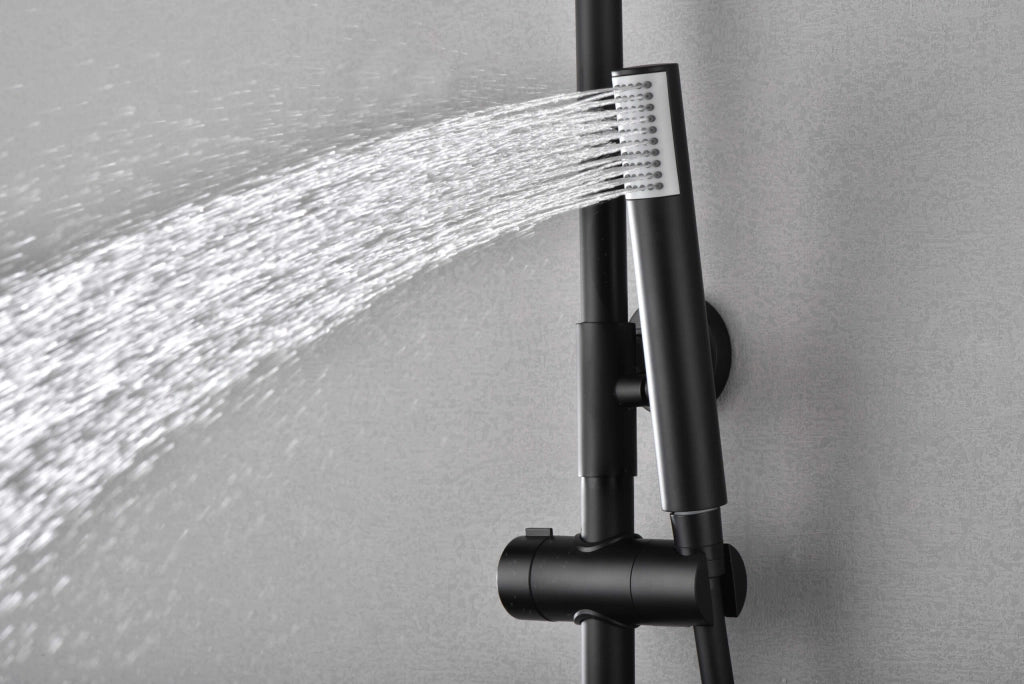 IMEX Colonna doccia termostatica Nero opaco Acciaio/Ottone, asta estensibile, soffione extra piatto Ø20 anticalcare, cartuccia TURN CLEAN SYSTEM, flessibile e maniglia, Monza Imex-BTM039-NG