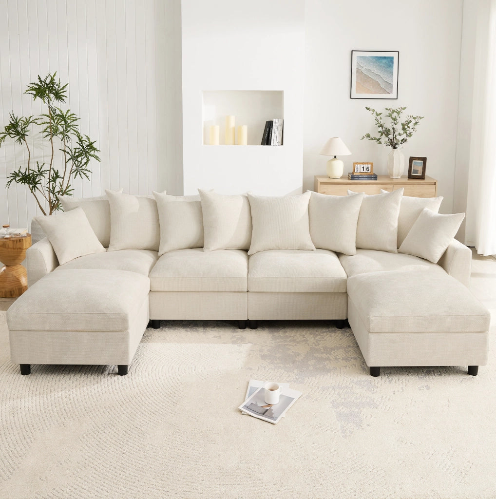 Divano angolare modulare 6 posti a U/L con 2 pouf; USB e Type-C; ciniglia beige