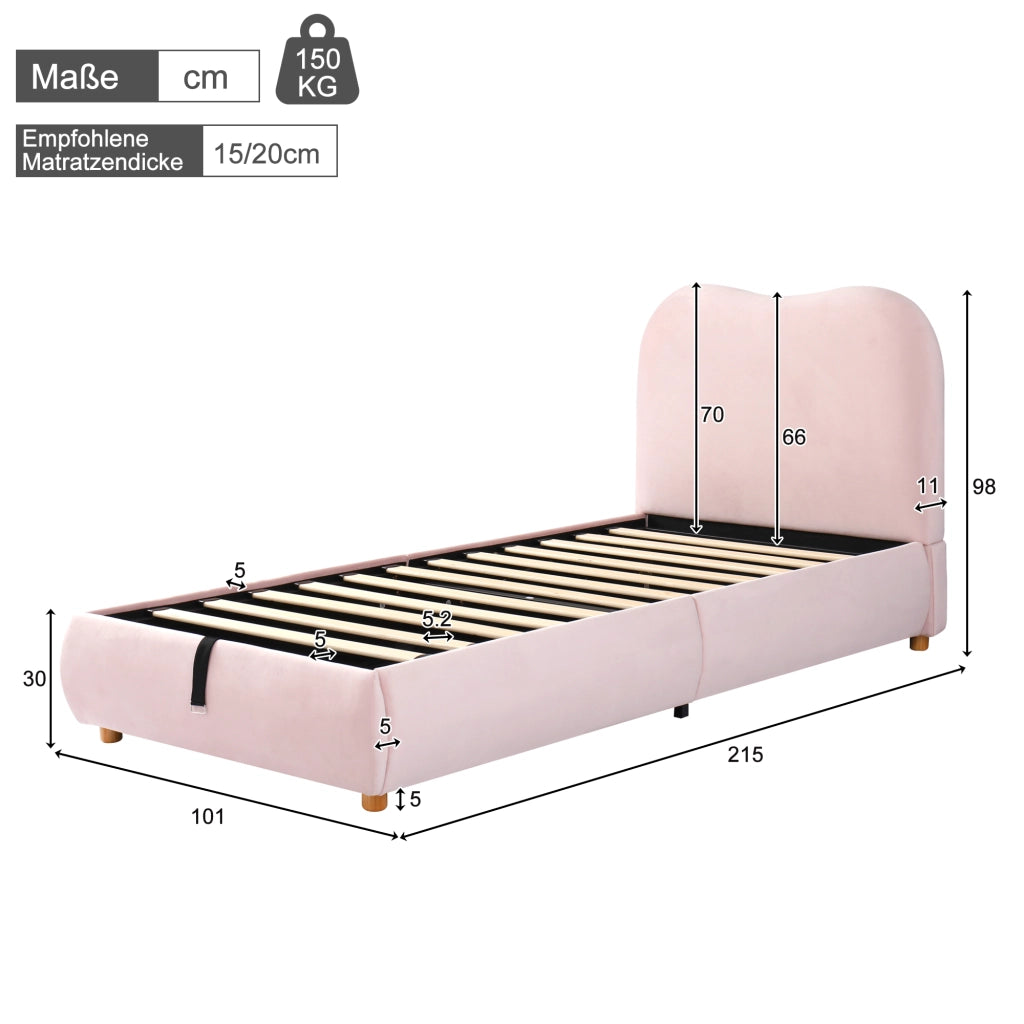 OKWISH Letto contenitore 90×200 cm, Letto Singolo con Contenitore, Testiera Imbottita e Rete a Doghe, senza Materasso, Velluto, Rosa