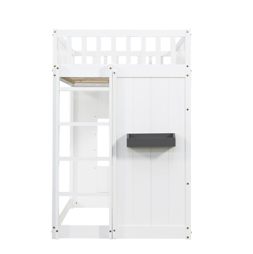 Letto a castello 90x200 cm con scale; sponde e finestre in legno e MDF bianco e grigio