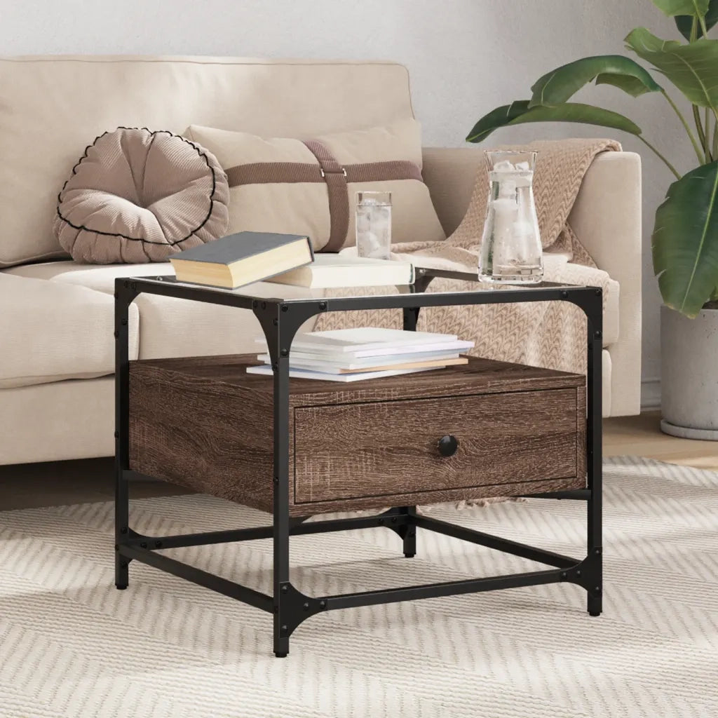 Tavolino Salotto con Ante in Vetro-Tavolino da soggiorno-Tavolo Rovere Marrone 50x50x45 cm
