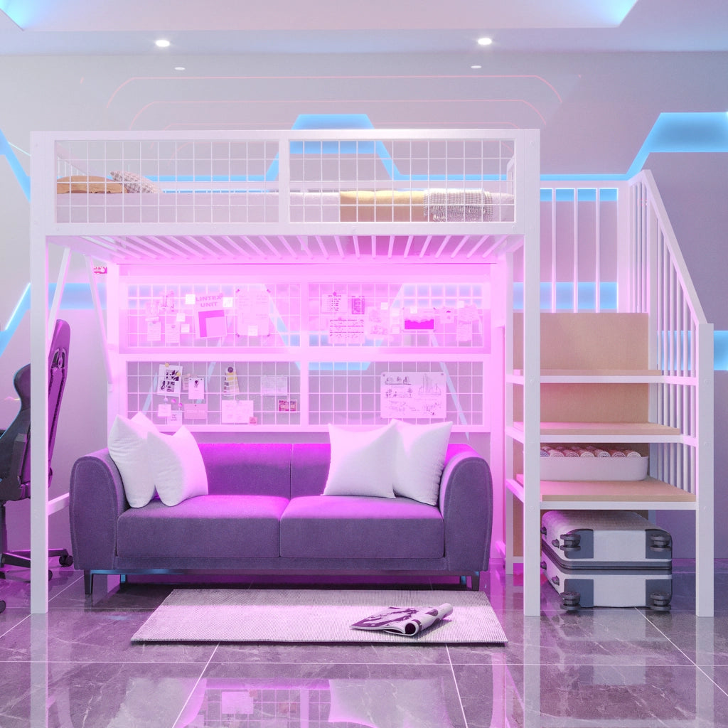 Letto a soppalco singolo con scala contenitore; armadio aperto e LED; 90 × 200 cm; senza materasso