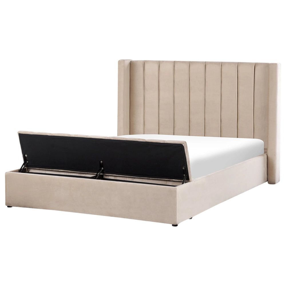 Letto matrimoniale ad acqua in velluto beige con cassapanca 160 x 200 cm moderno glam morbido materasso camera da letto