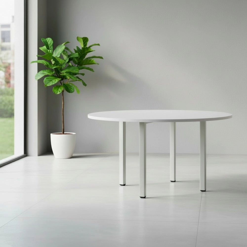 Tavolo Rotondo Leccino 90x90 con Gambe Regolabili in Altezza – Bianco e Alluminio