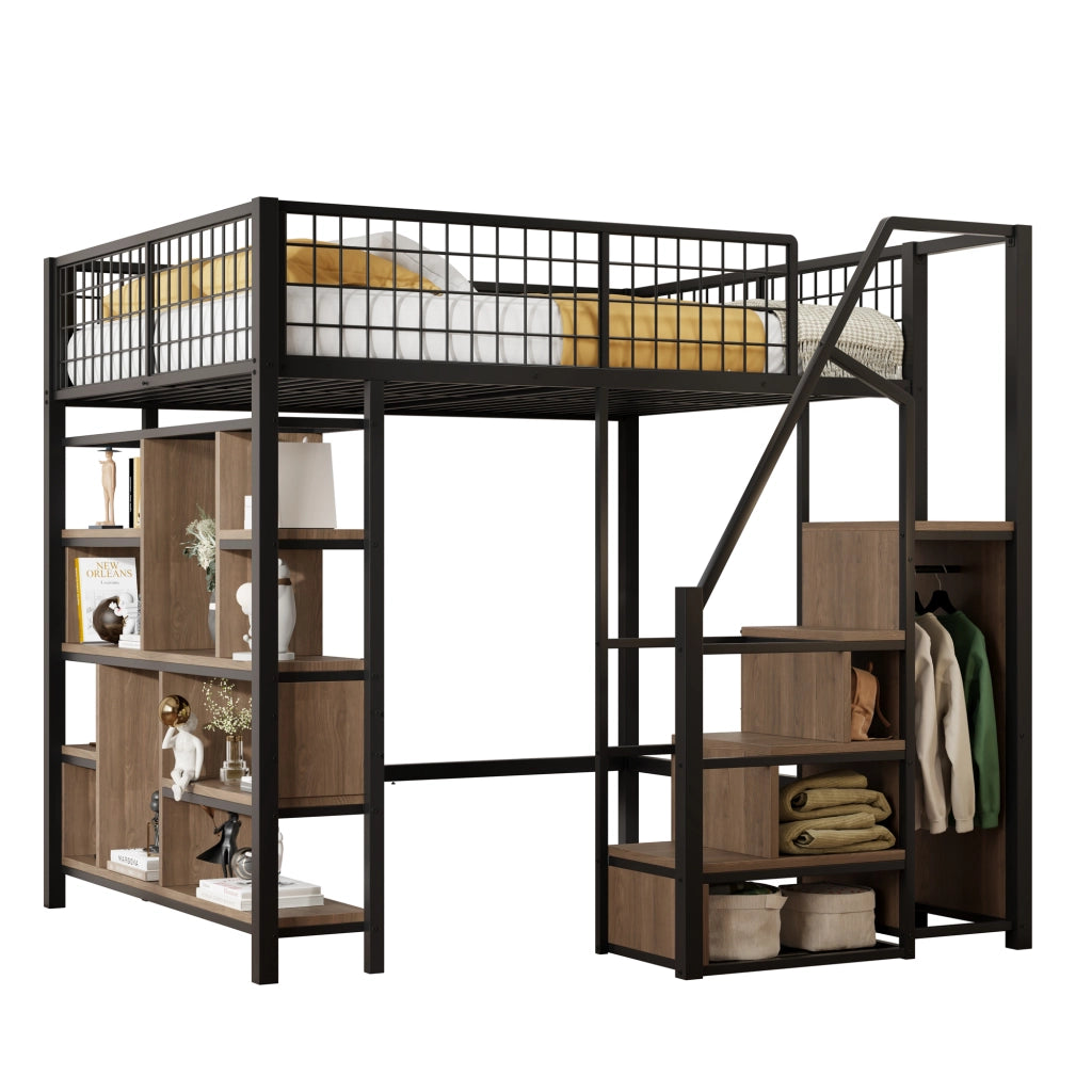 Letto a castello nero in metallo e legno con funzione contenitiva 140x200 cm