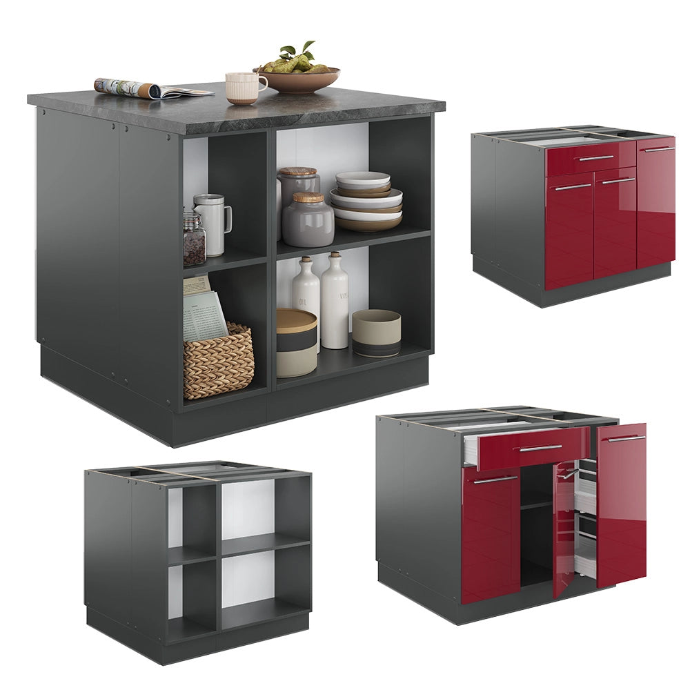 Isola cucina Fame-Line Bordeaux lucido/Antracite 90 cm con cassetto, senza piano di lavoro Vicco