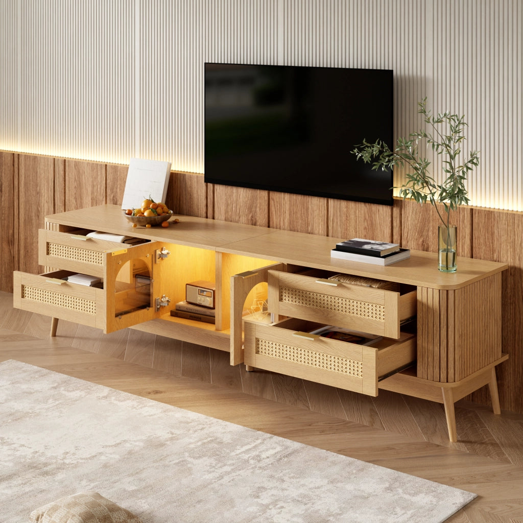 Mobile porta TV con 4 cassetti, 2 ante in vetro temperato, LED con app, in truciolare, naturale, 180 × 40 × 50 cm