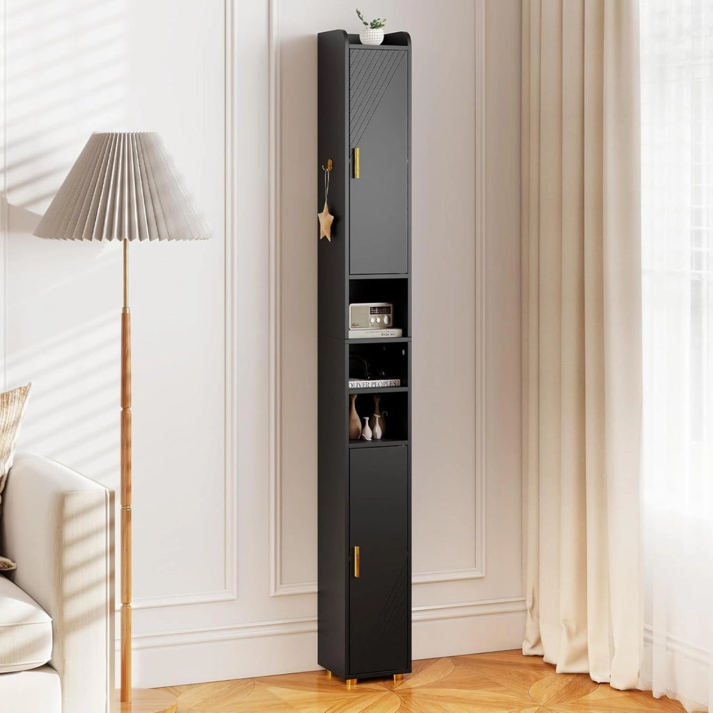 Armadietto da bagno da 179 cm, con 2 ante, 3 ripiani aperti, ganci e porta carta igienica, 20 x 20 cm, per ufficio, cucina e corridoio (3 ripiani, nero)