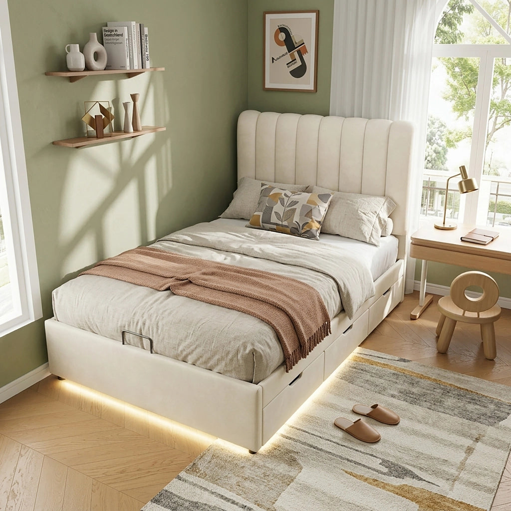 Letto con Cassetti 90 x 200 cm; Letto Singolo - Contenitore; 3 Cassetti e LED - Beige