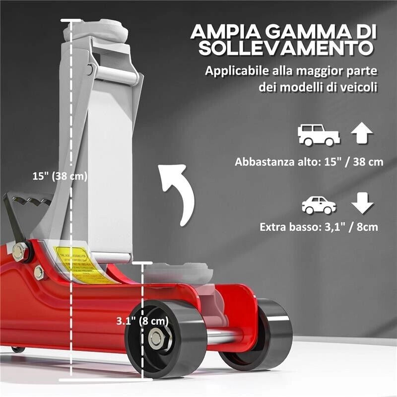 CRIC IDRAULICO BASSO CON SOLLEVAMENTO 8-38CM, ACCIAIO RINFORZATO CON CAPACITÓ 2.5 TONNELLATE, ROSSO