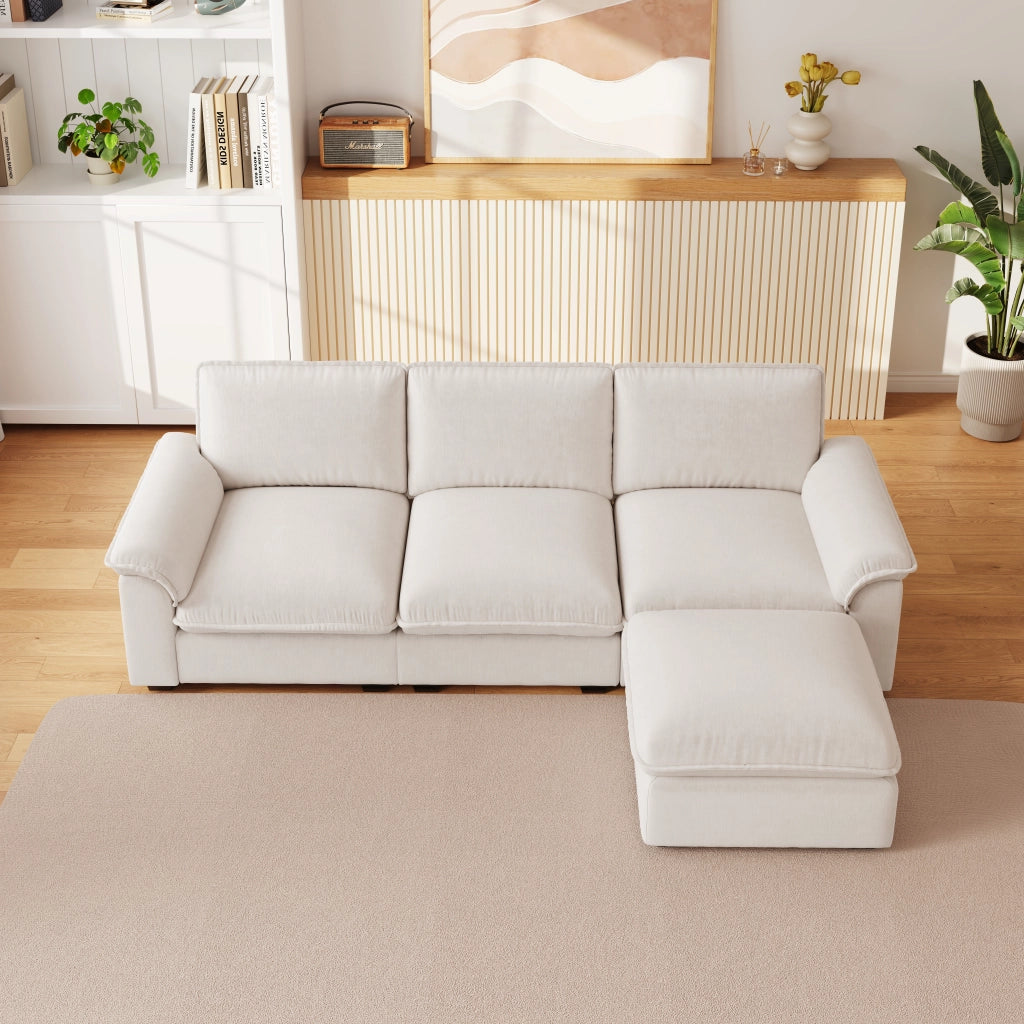 Divano angolare a 4 posti in chenille beige con ottomana spostabile e cuscini 260 × 154 × 86 cm