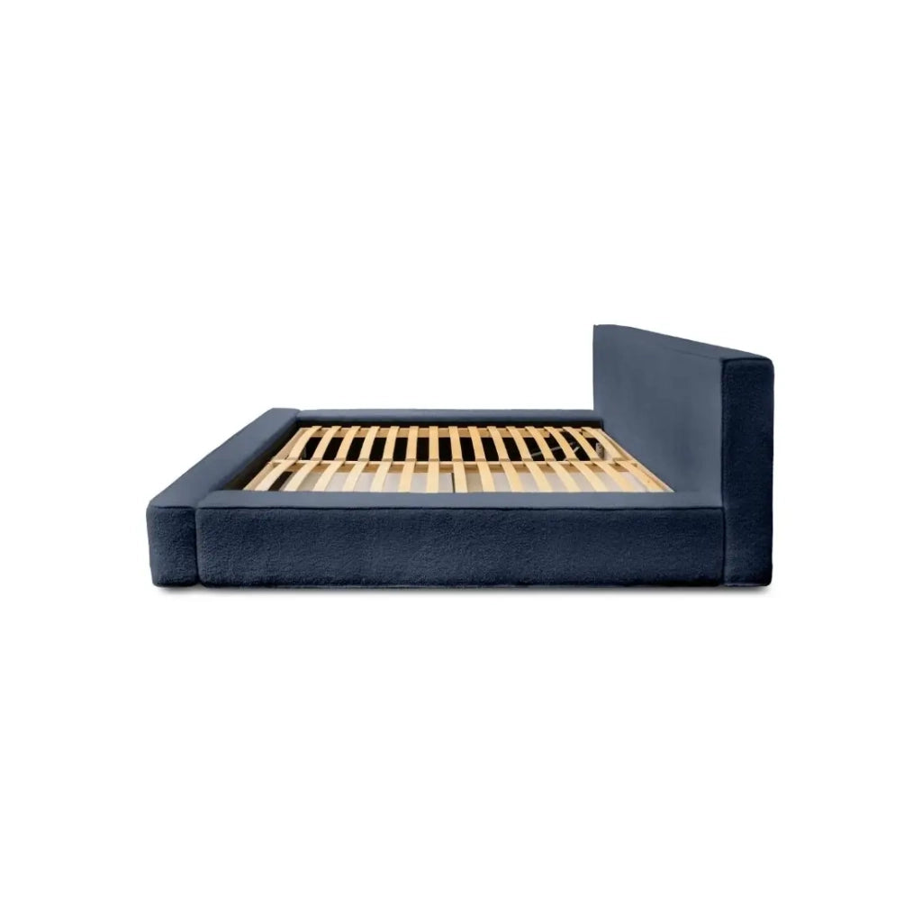 Letto contenitore VELORA – Blu acciaio bouclé – 180x200 cm – Tessuto velluto morbido – Rete sollevabile – Spazio di stoccaggio integrato