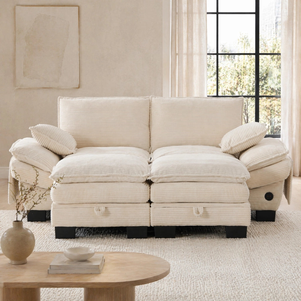 DIVANO 2 posti modulare 190x132x84 cm in corduroy beige, Set da 3 pezzi
