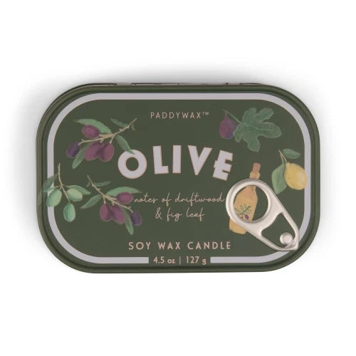 Candela in latta stampata Bistro da 127 g (4,5 oz) con motivo a olive - Fico e Oliva
