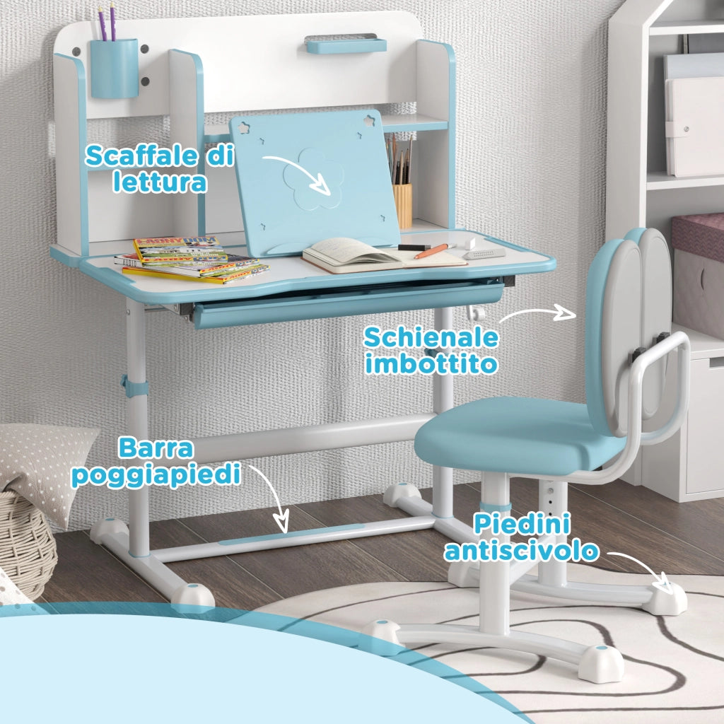 Set Scrivania e Sedia per Bambini Regolabili, Banco Scuola con Piano Inclinabile, Cassetto, Scaffale, Blu