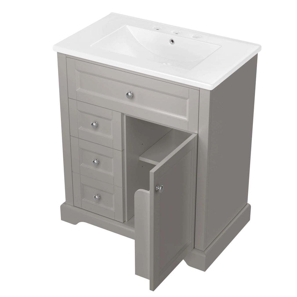 Mobile lavabo da bagno a pavimento 76x46x87 cm grigio con lavabo in ceramica, 2 cassetti, ripiano regolabile e chiusura ammortizzata