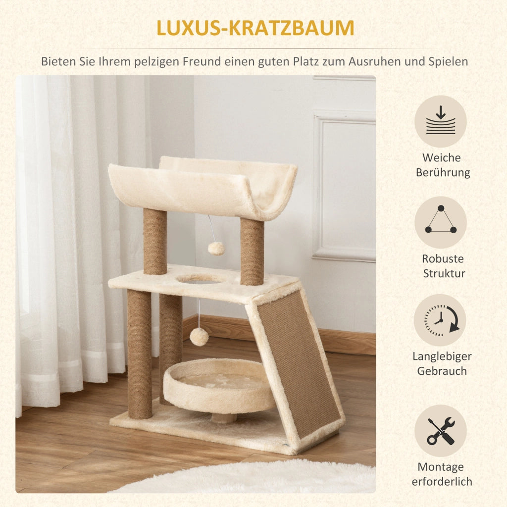 Tiragraffi per Gatti ¨C Xylo ¨C con Giochi e Cuccia, 60x30x76 cm, Crema e Naturale