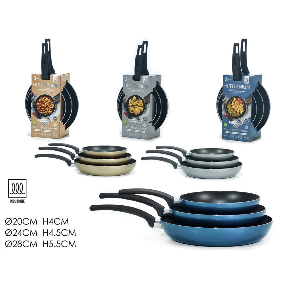 Trade Shop - Set 3pz Padelle Antiaderenti In Alluminio Hi-titanium ⌀20/24/28cm Piano Cottura Induzione -