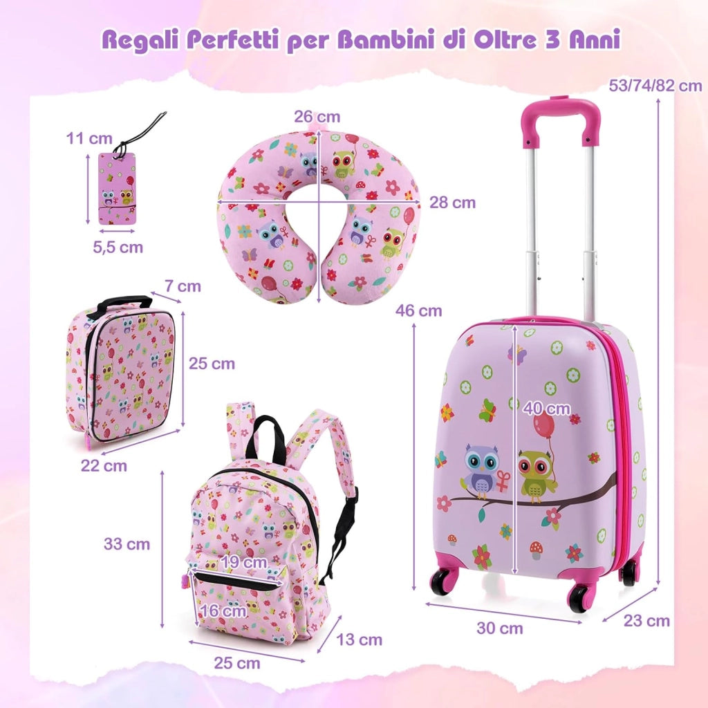 5 Pezzi Valigia per Bambini, Valigia con ManicoTelescopico da 16" con 13" Zainetto, Cuscino per Il Collo, Etichetta per Bagaglio, Borsa per Il Pranzo, con Ruote Girevoli a 360 ° (Modello 4)