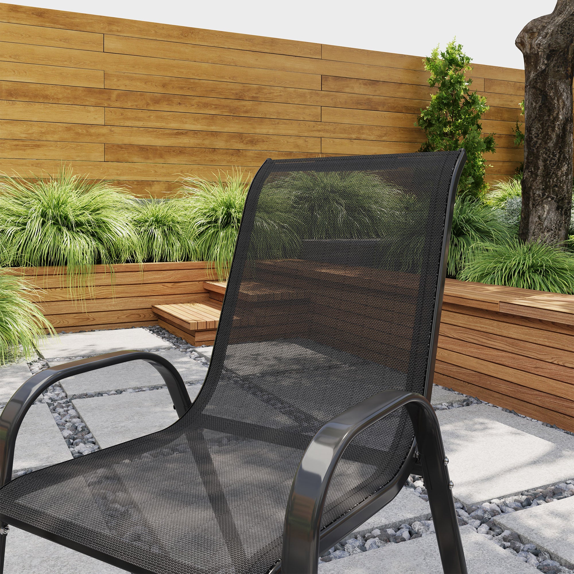 Set 2 Sedie da Giardino 54x71x93 cm Impilabili con Braccioli Curvi in Acciaio e Tessuto Traspirante Nero