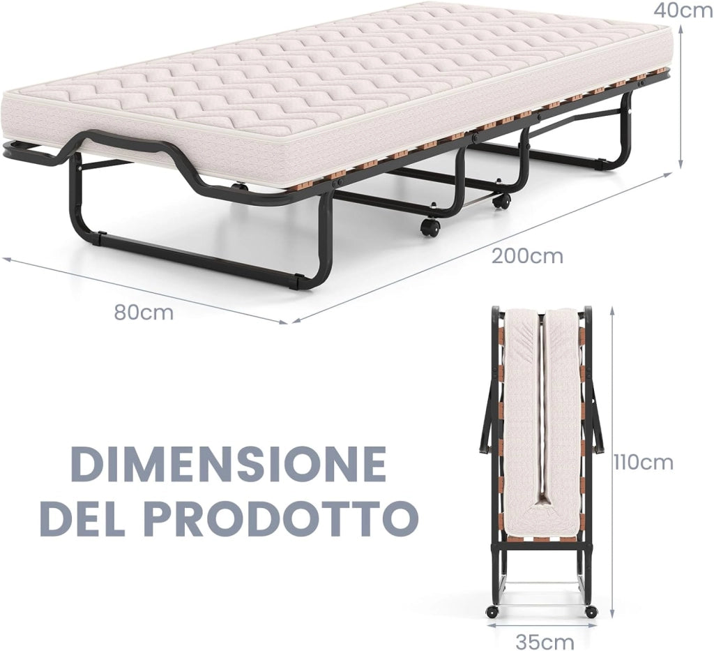 Letto Brandina Pieghevole, con Materasso in Memory Foam 4 Ruote Girevoli, Trapuntatura a Onda con Imbottitura a Doppia Fibra, 200x80x40cm, Made in Italy (Stile 2 Beige)