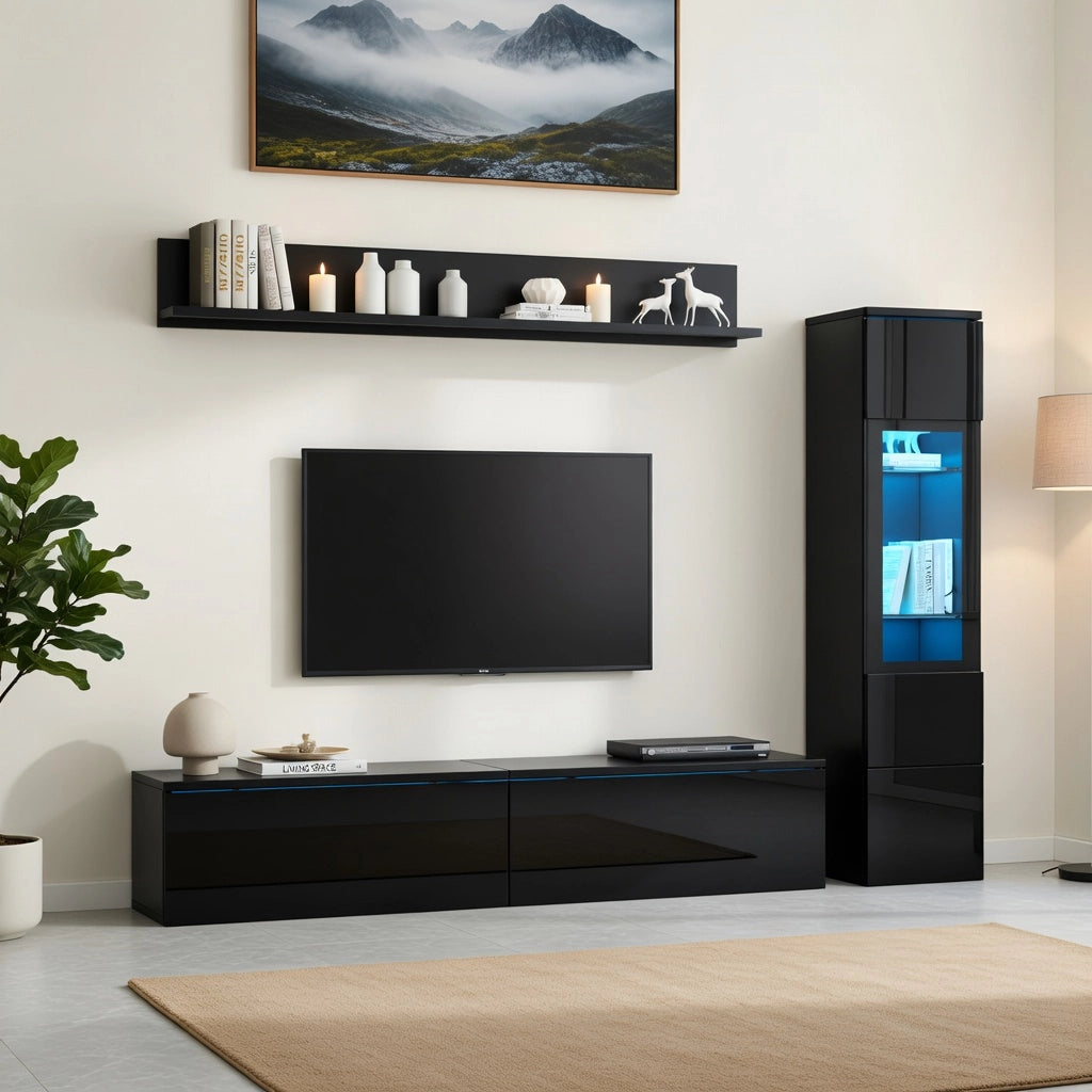 Cassettiera TV nera in truciolato lucido lunghezza 180 cm