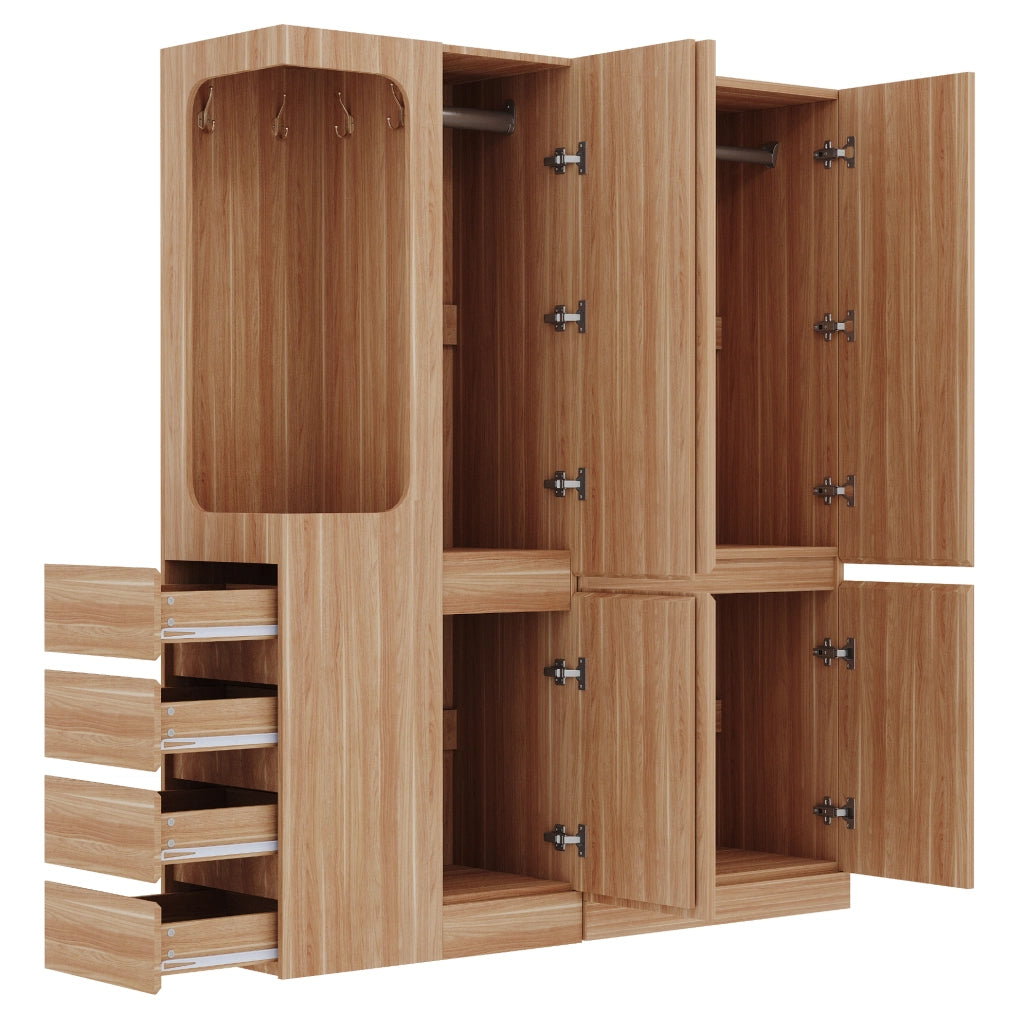 Armadio guardaroba 140 x 40 x 170 cm in legno naturale; con cassetti e scomparti