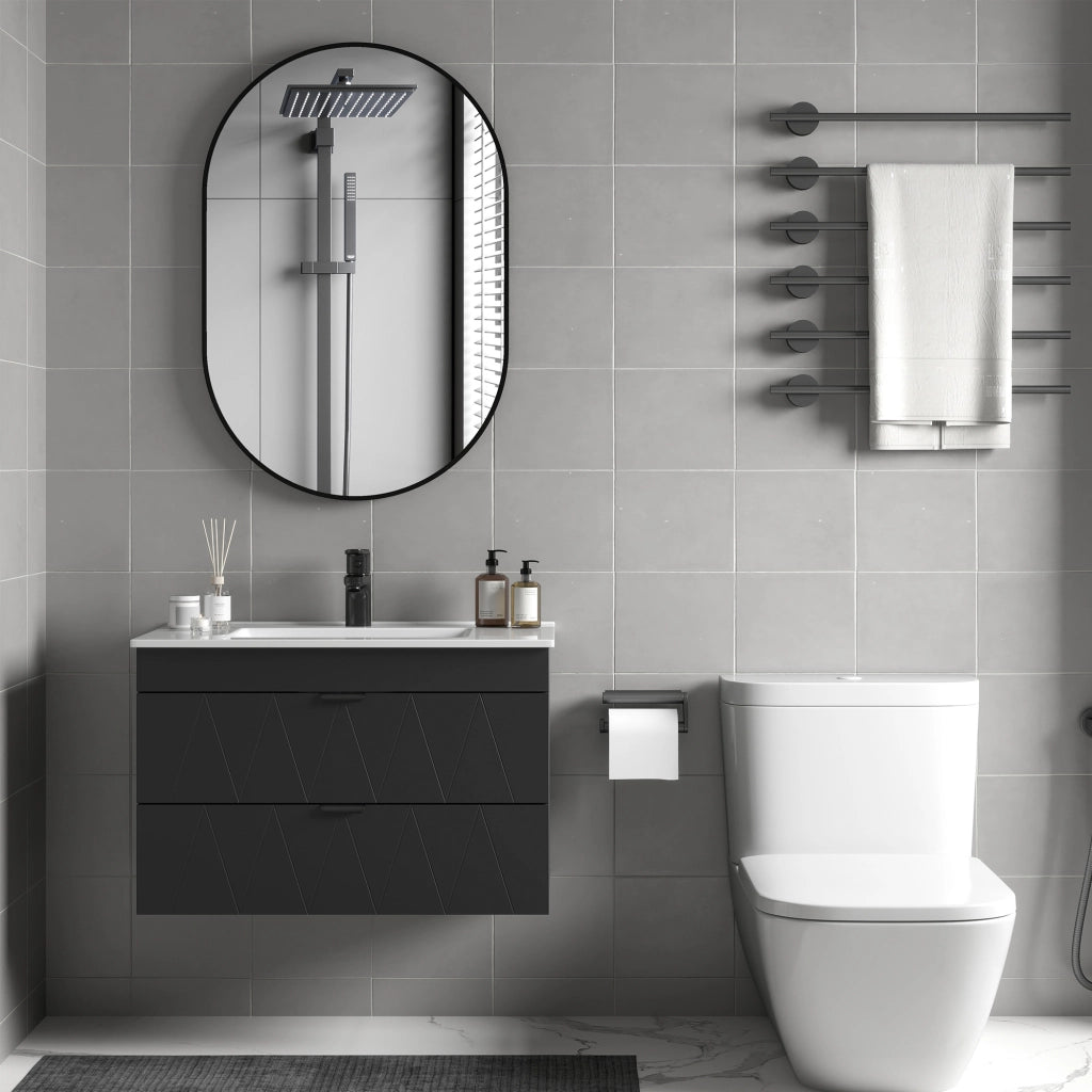 Mobiletto Sottolavabo Sospeso con Lavabo Ceramica e Cassetti Soft-Close ¨C zephmum ¨C Nero