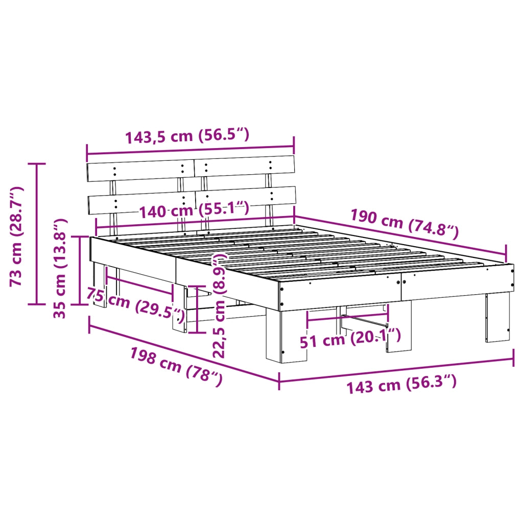 Struttura Letto con Testiera 140x190 cm Legno Massello di Pino