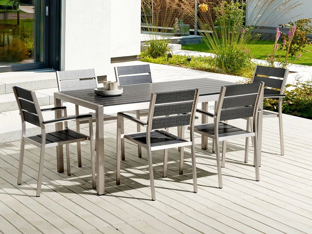 Set da Giardino 6 Sedie Tavolo Rettangolare Nero e Argento in Alluminio Anodizzato