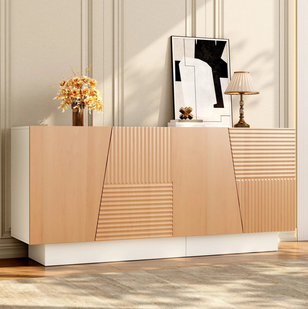 Sideboard bianco e naturale in PB e MDF con 4 ante e ripiani regolabili, 160x40,5x72 cm