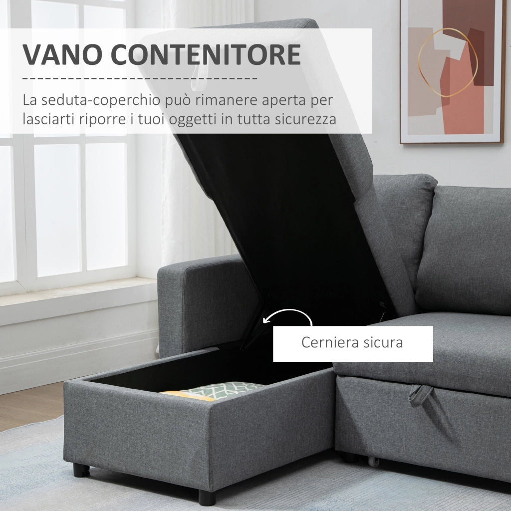 EasyComfort Divano Letto 3 Posti e Penisola con Contenitore, Rivestimento Tessuto Effetto Lino, 211.5x146x85cm