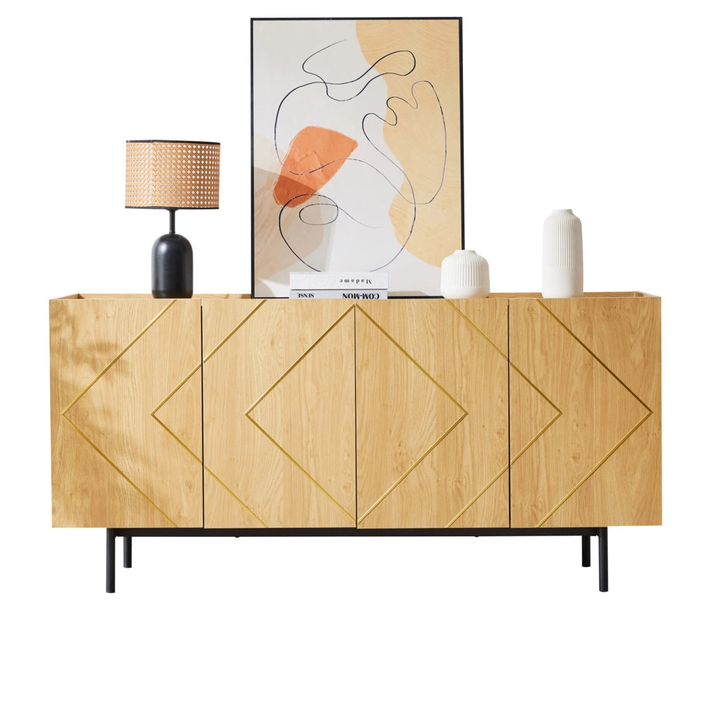 Credenza da soggiorno con 4 ante e inserti metallici, finitura naturale, 160 x 40 x 78 cm