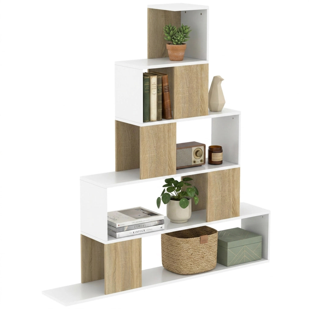 Libreria Moderna a 5 Ripiani con Design a Gradini, 120x22x131.5 cm, Bianco e Legno