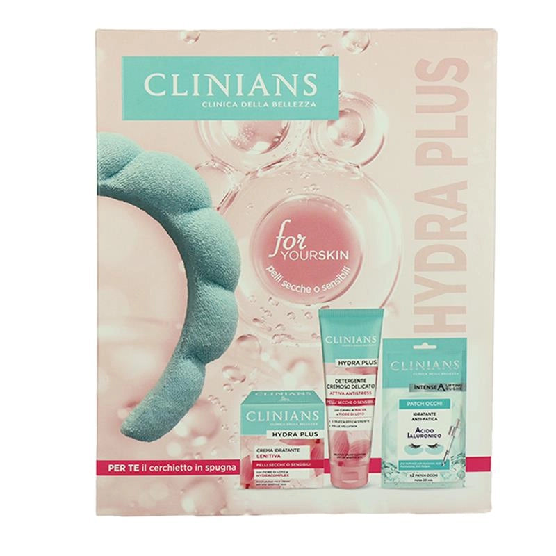 CLINIANS CONFEZIONE REGALO HYDRA PLUS GEL DETERGENTE CREMOSO DELICATO 150ML, CREMA IDRATANTE LENITIVA 50ML, PATCH OCCHI IDRATANTE ANTI-FATICA 3.6ML + CERCHIETTO IN SPUGNA - PELLI NORMALI O MISTE