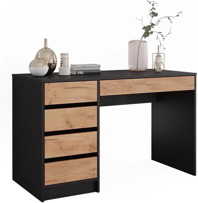 Tavolo da toilette Sherry, Antracite/quercia dorata, 120 x 75 cm Senza specchio, 5 cassetti per diverse esigenze di conservazione