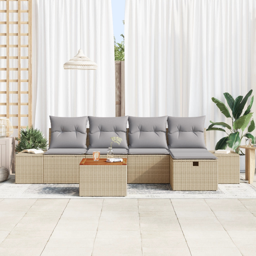 Set di divano da giardino 6 pezzi con cuscini beige in poly rattan