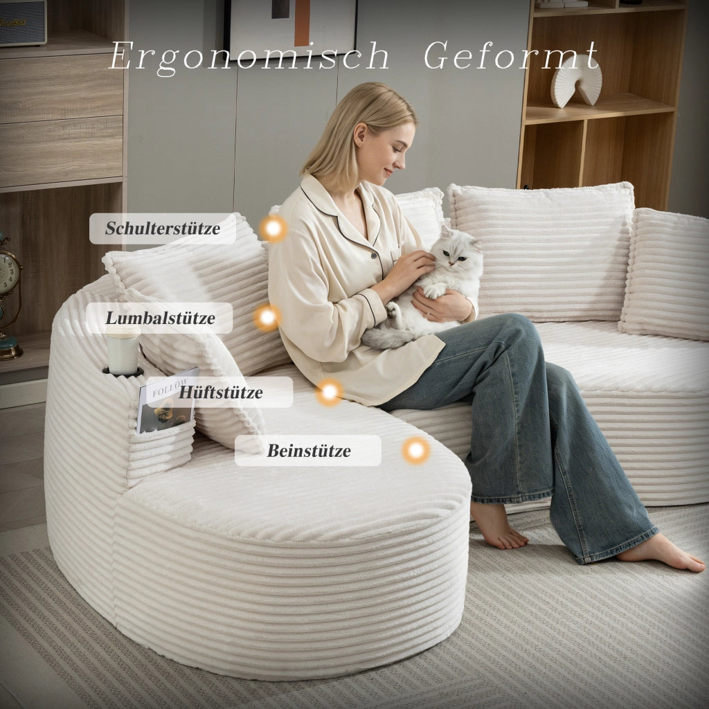 divano curvo con portabicchieri e tasca laterale; velluto beige; 250 Ã— 152 Ã— 82 cm