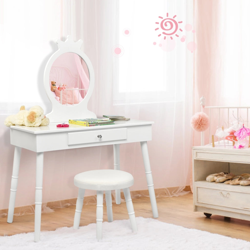 Toeletta con specchio per bambini, Set tavolo e sedia toeletta con cassetti e sgabello imbottito, Bianco