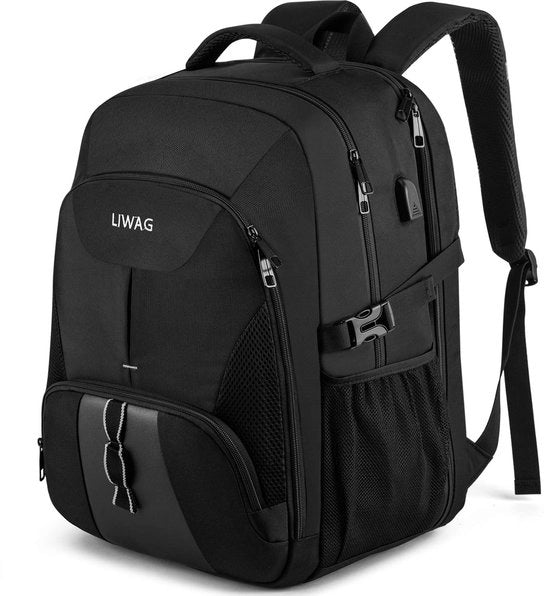Ragazzera grande per uomini, 50L, impermeabile, zaino da lavoro per 17 pollici con porta di ricarica USB, zaino per viaggi di lavoro e scuola per notebook, per uomini, donne, ragazzi e adolescenti, nero