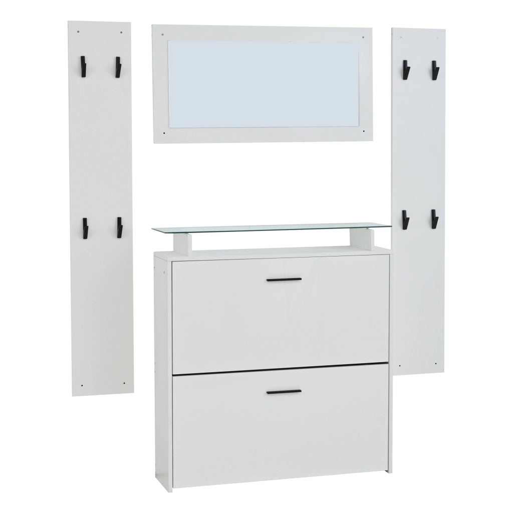 Set Guardaroba Ingresso 4 Pezzi Bianco 89;5×23×96;5 cm con Specchio; Scarpiera Lucida e 8 Ganci