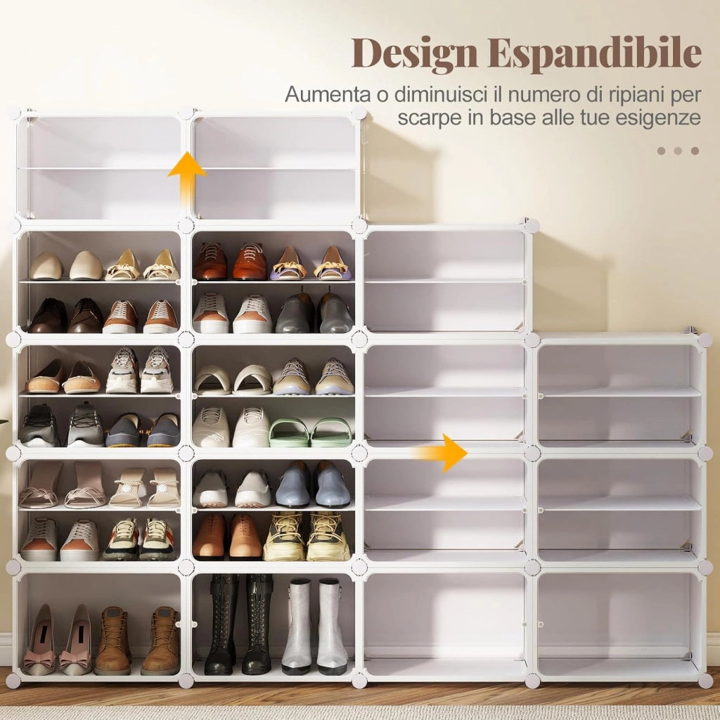 Scarpiera Salvaspazio a 8 Scomparti, Porta Scarpe da 32 Paia con Mensole Rimovibili, Ganci Laterali e Porte Magnetiche, Scatole per Scarpe Impilabile in Plastica (95×32×126 cm)