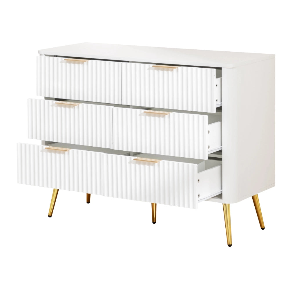 Cassettiera bianca in MDF con 6 cassetti; guide soft-close e maniglie in metallo