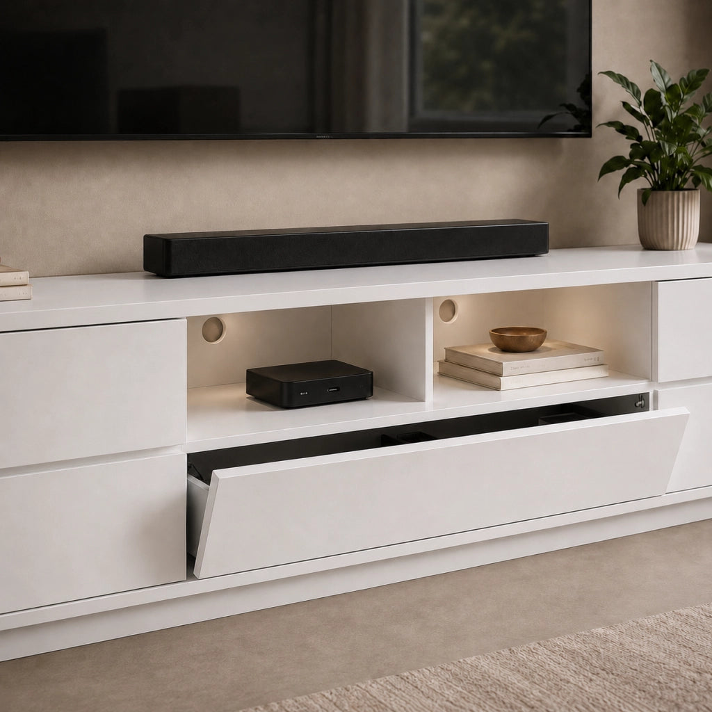 Mobile Televisore Moderno Con 4 Ante 1 Anta A Ribalta 2 Vani A Vista Con Passacavi Per Soggiorno Zona Living Salotto In MDF Resistente 180 x 38 x 46 Cm Bianco