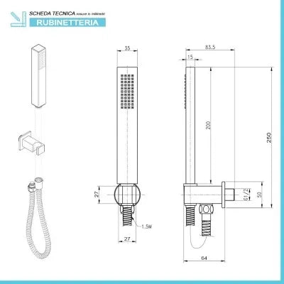 Kit doccia quadrato ottone cromo flex PVC + soffione 20x20 cm + braccio 30 cm