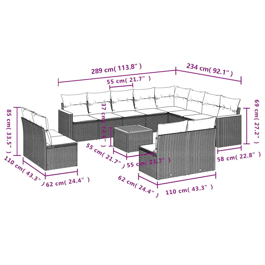 Set Divani da Giardino 13 pz con Cuscini Grigio in Polyrattan 3226481