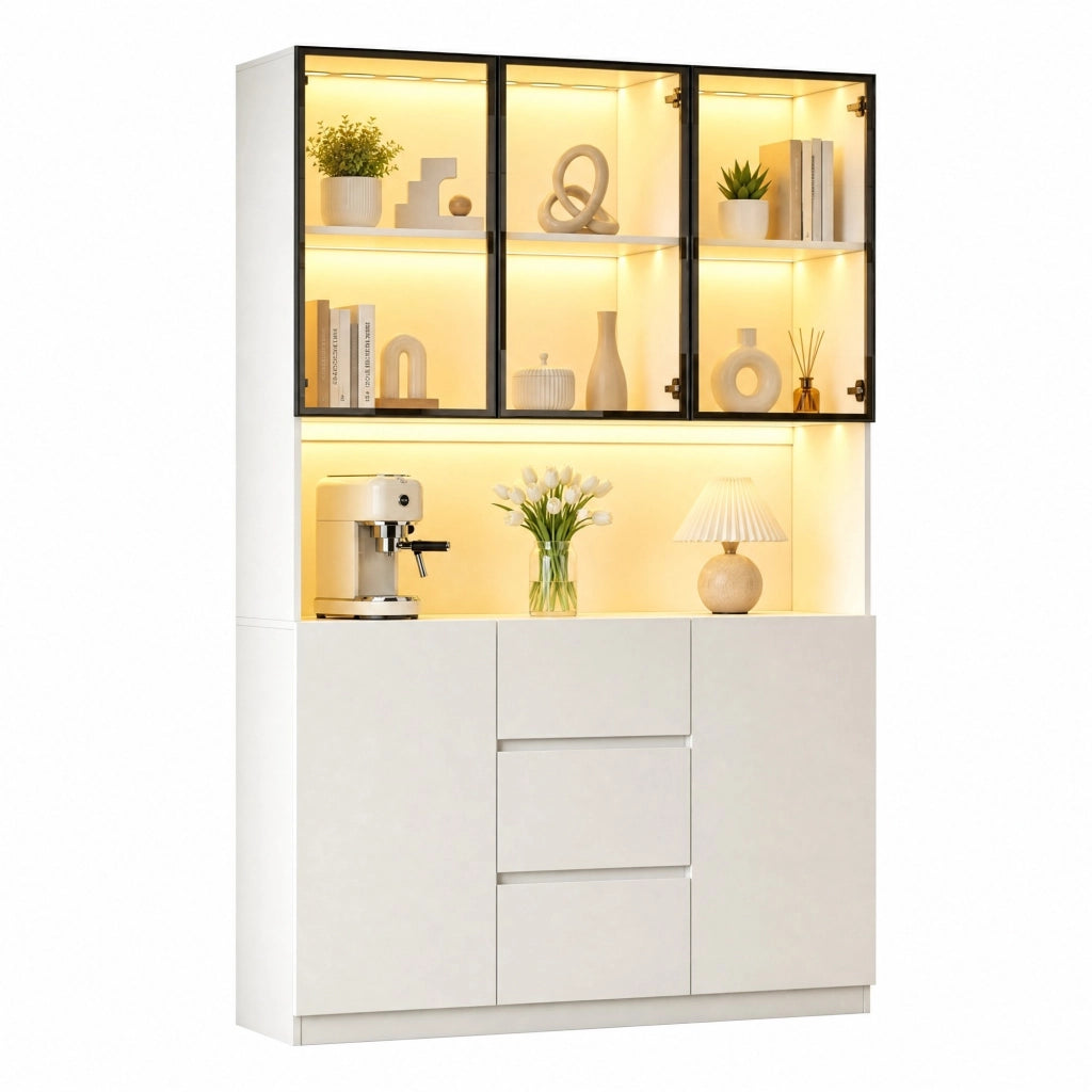 Vetrina in vetro con LED; 3 cassetti e 2 ante; MDF bianco; 120 × 40 × 200 cm
