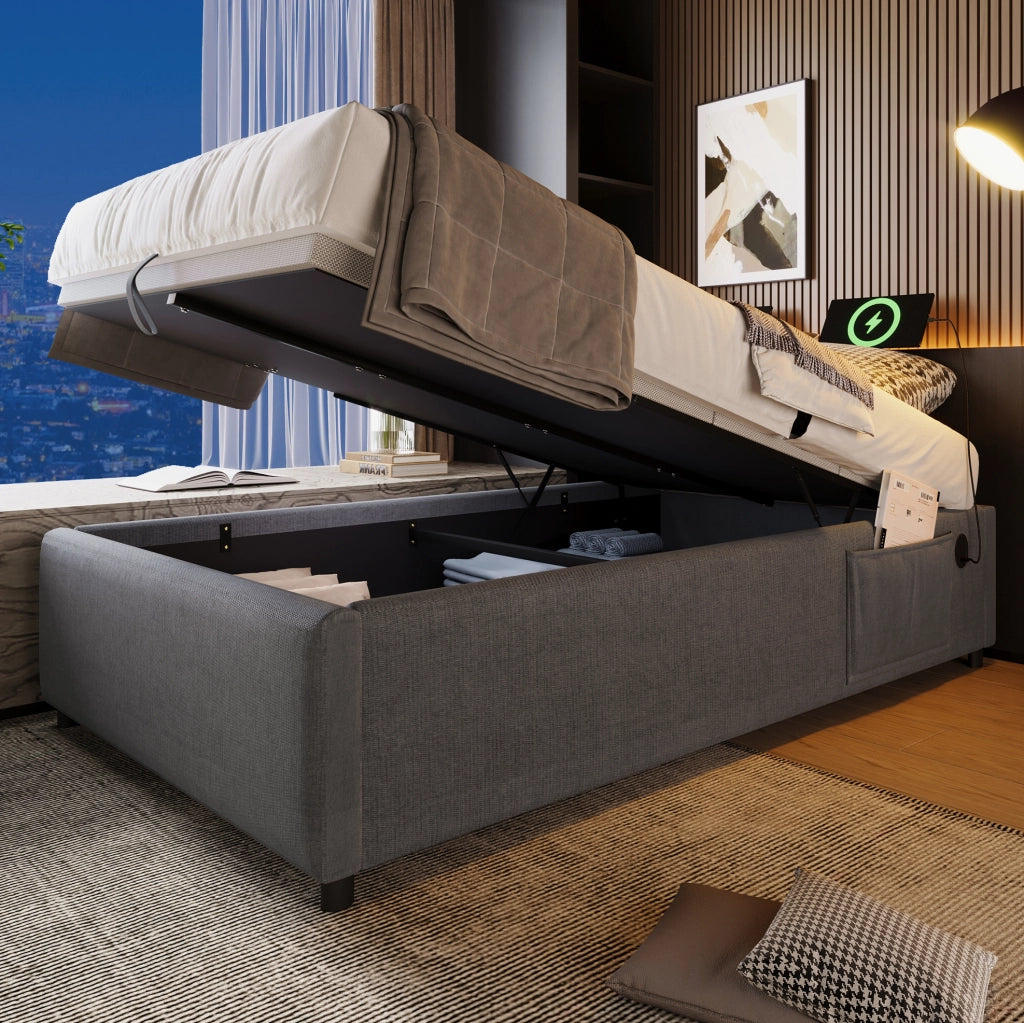 Letto contenitore singolo 90x190 cm in tessuto lino grigio con USB e Type-C