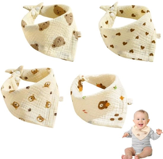 4 pezzi di slabbetti per bambini in mousseline a forma di triangolo, sciarpe e fazzoletti per il collo in mousseline per prevenire il morso dei denti da latte e il pianto